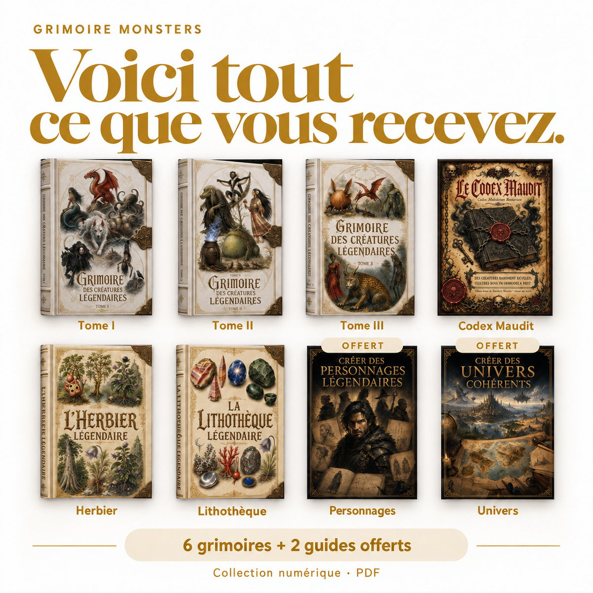 Voici tout ce que vous recevez - 6 grimoires et 2 guides