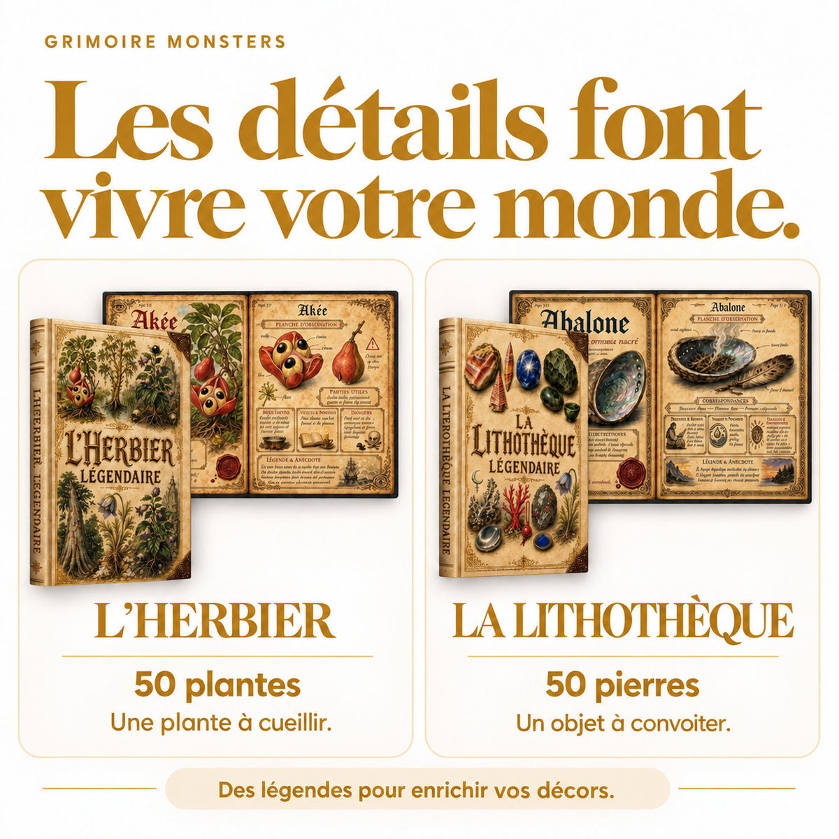 L’Herbier Légendaire et la Lithothèque Légendaire, ouverts sur une planche