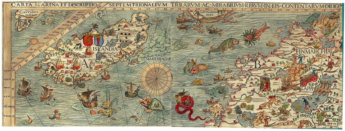 Serpent de mer attaquant un navire, détail de la Carta Marina d'Olaus Magnus, 1539