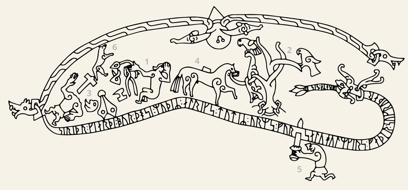 Relevé de la gravure de Ramsund, Suède, XIe siècle : le corps de Fáfnir en ruban de runes, sans ailes