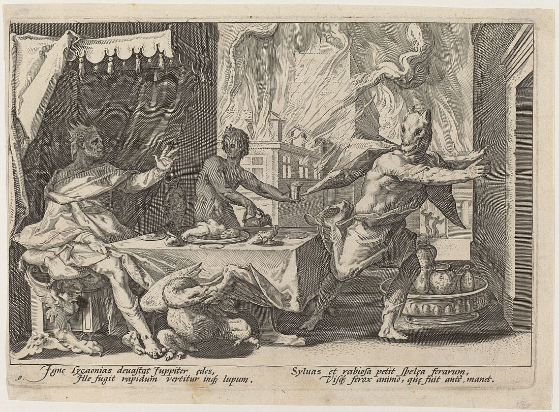 Lycaon changé en loup par Jupiter, gravure d'après Hendrick Goltzius, 1589