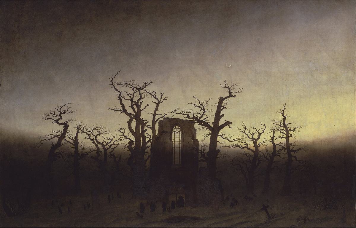 L'Abbaye dans une forêt de chênes de Caspar David Friedrich : une procession funèbre dans la neige, parmi des ruines gothiques