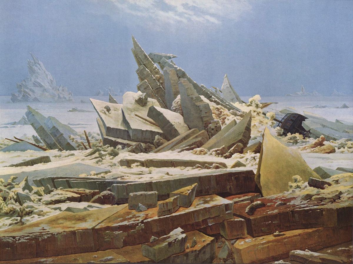 La Mer de glace de Caspar David Friedrich, 1824 : un navire broyé sous des plaques de banquise dressées