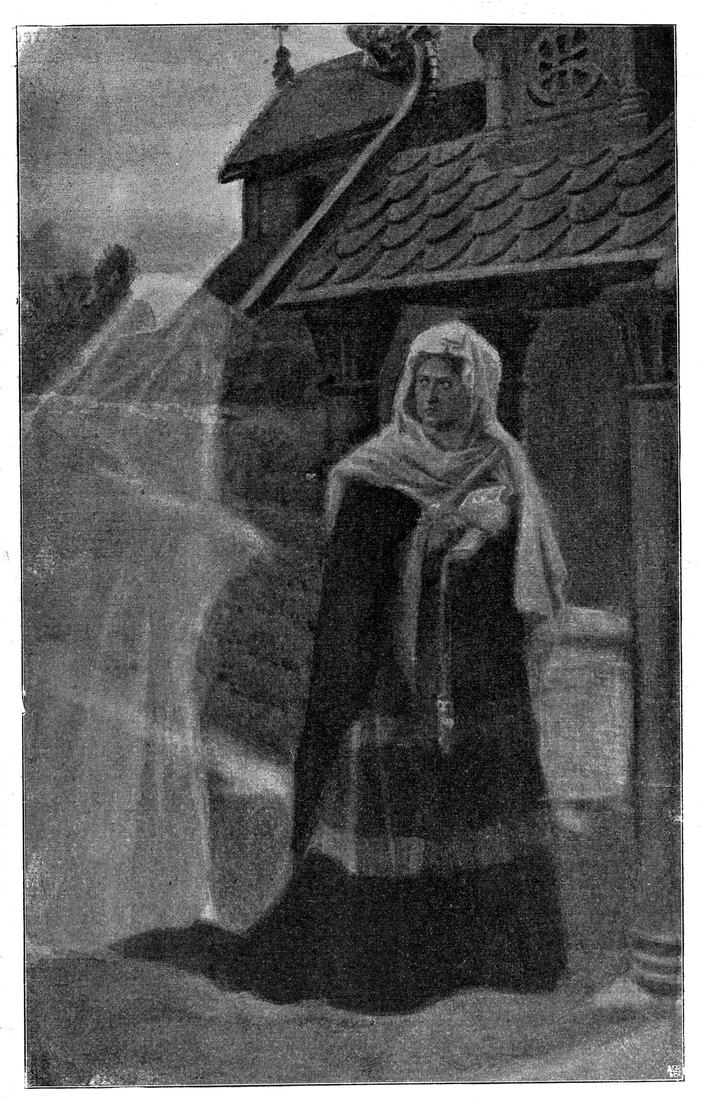 Illustration de la Saga de Laxdæla : une femme rencontre un revenant devant la porte d'une ferme islandaise