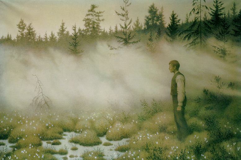Da Huldra forsvant de Theodor Kittelsen : un jeune garçon seul dans une clairière noyée de brume
