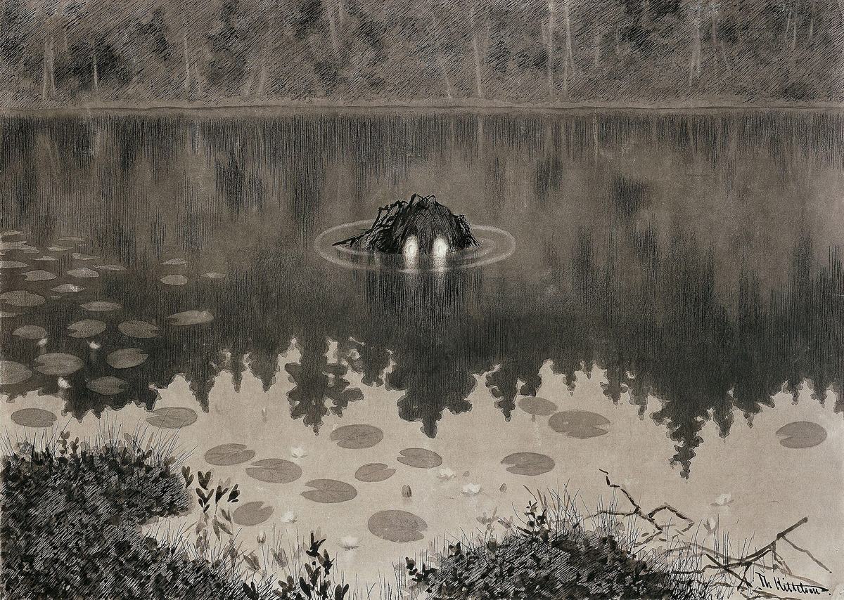 Nøkken de Theodor Kittelsen, 1892 : deux yeux clairs émergeant d'un étang couvert de nénuphars