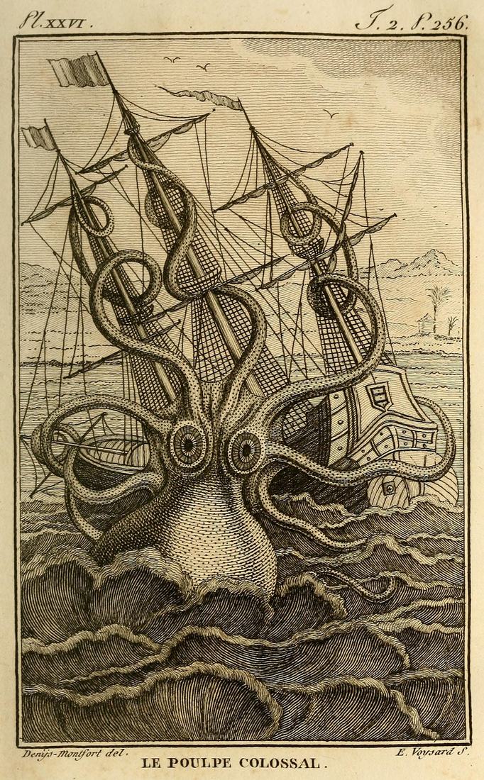 Le Poulpe colossal, planche gravée de Pierre Denys de Montfort, 1801 : un céphalopode enlace un trois-mâts