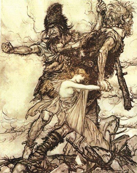 Illustration d'Arthur Rackham : deux géants emportent une déesse en paiement de leur travail