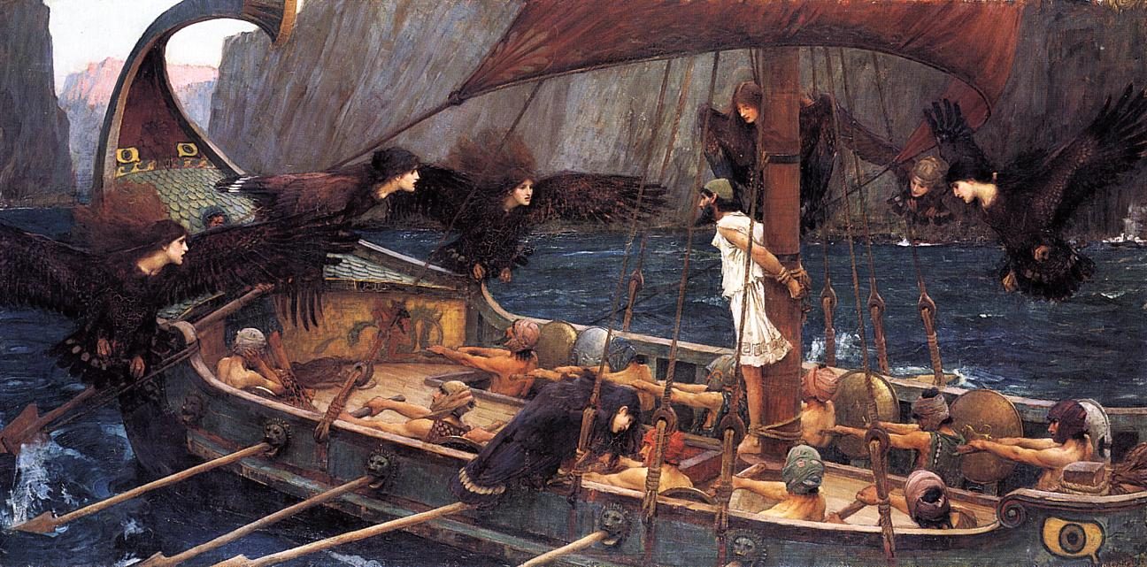 Ulysse et les Sirènes représentées en femmes-oiseaux, peinture de John William Waterhouse, 1891