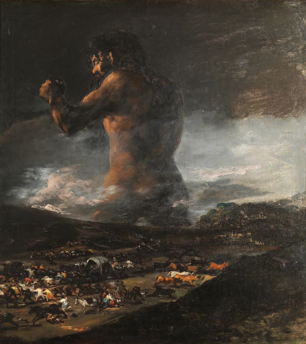 El Coloso attribué à Goya : un géant nu dressé au-dessus d'un paysage que fuient des foules minuscules
