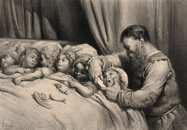 Gravure de Gustave Doré pour Le Petit Poucet : l'ogre penché sur le lit où dorment ses enfants