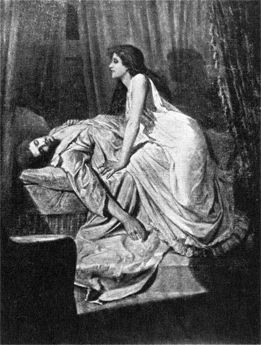 The Vampire de Philip Burne-Jones, 1897 : une femme penchée au-dessus d'un homme étendu