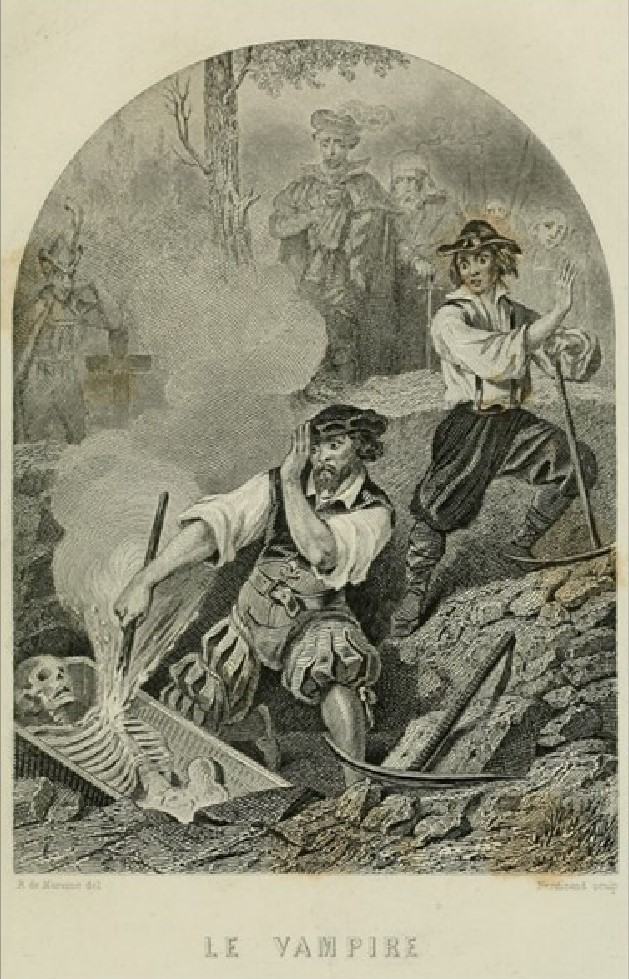 Lithographie de 1864 intitulée Le Vampire : des hommes ouvrent une tombe dans un cimetière au crépuscule