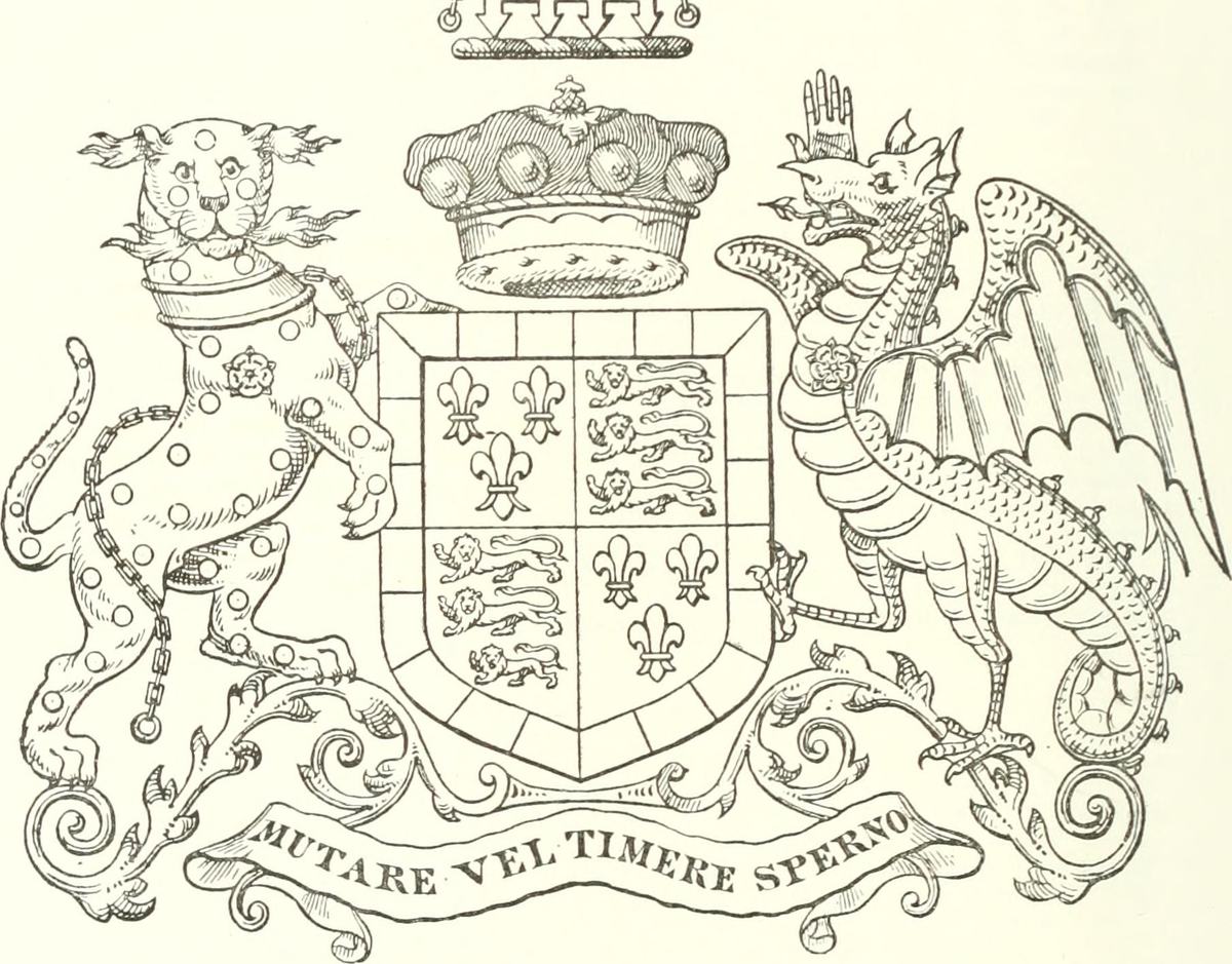 Armoiries gravées portant un dragon ailé en supporter senestre, planche héraldique de 1893