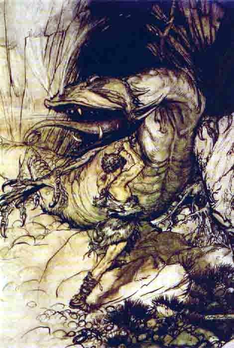 Sigurd tue Fáfnir, illustration d'Arthur Rackham : le dragon rampe au-dessus d'une faille rocheuse